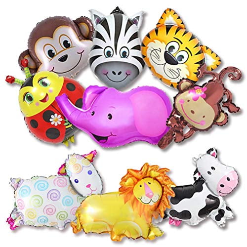BESTZY 12 Piece Animal Foil Balloon Self Making Animal Head Balloons Latex Safari Jungle Zoo Party Animal Inflated Balloon for Kids Birthday Party Decoration